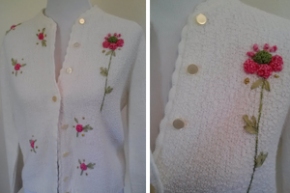 vintage white cardigan with pink floral detail, Goodwill Rohnert Park